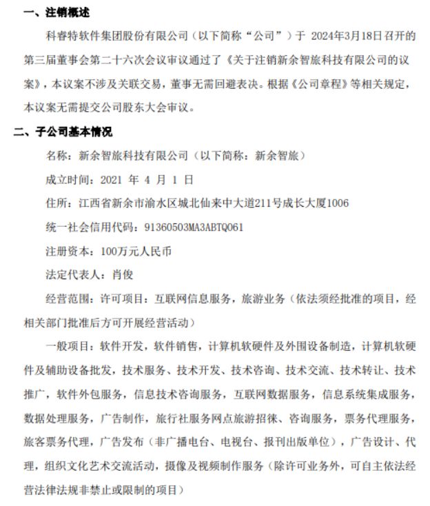 科睿特拟注销全资子公司新余智旅科技有限公司(图1) 科睿特拟注销全资子公司新余智旅科技有限公司(图1)
