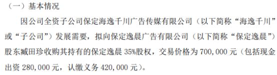 海逸风全资子公司海逸千川拟以70万向保定逸晨股东臧田珍收购其持有的保定逸晨35%股权(图1)
